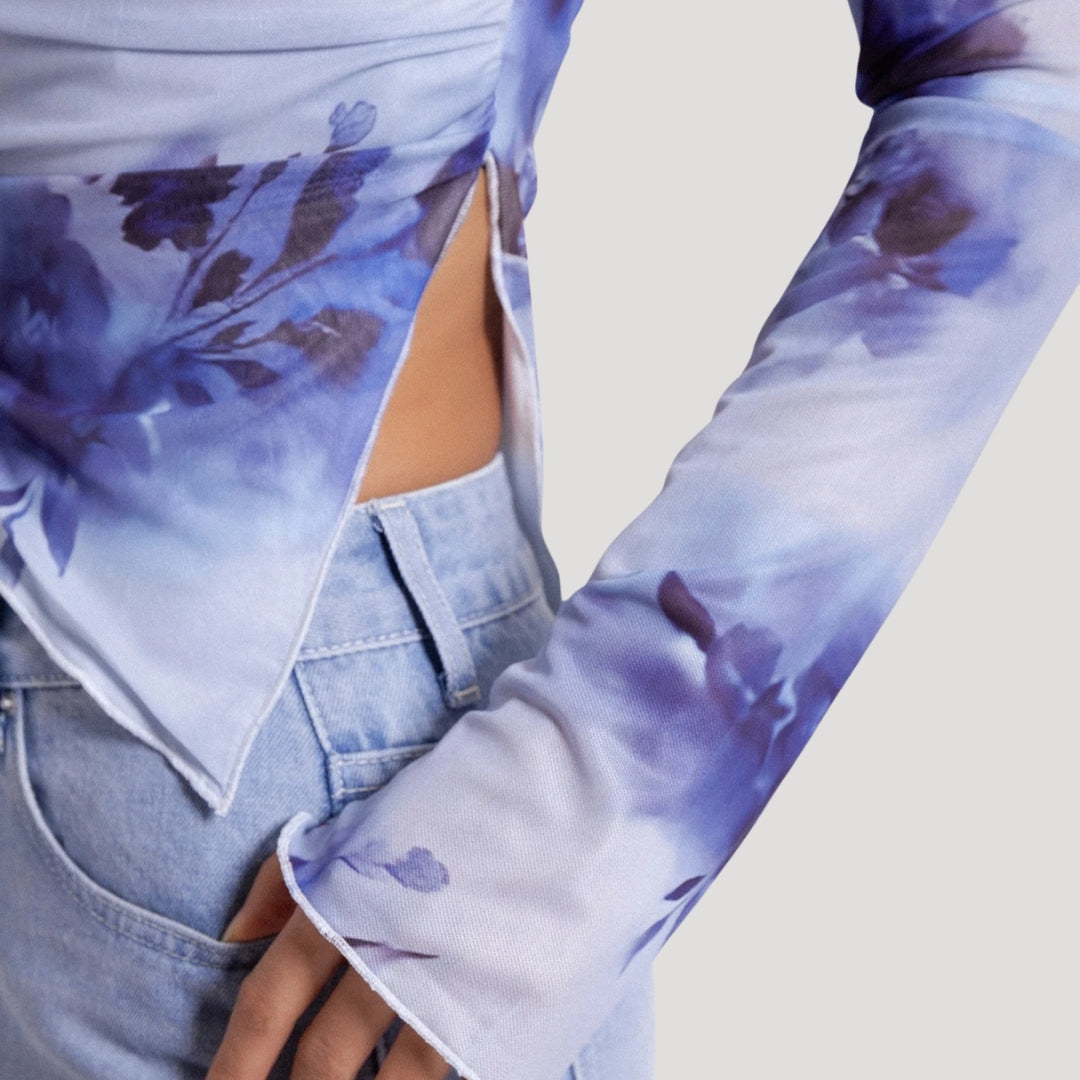Stilla | Off Shoulder Blå Blomster Mesh Top