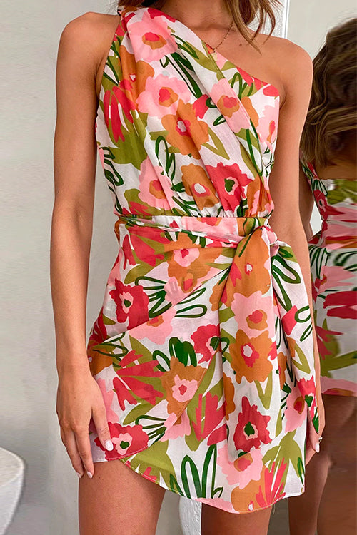 Stilla | One Shoulder Tie Kjole Med Printet Mini Wrap Kjole
