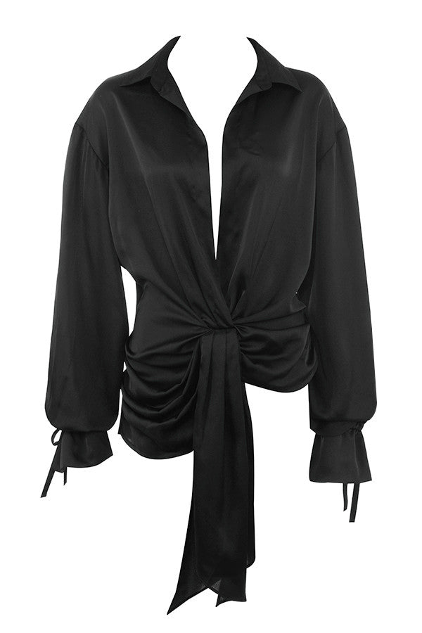 Stilla | Sort Satin Draperet Skjorte