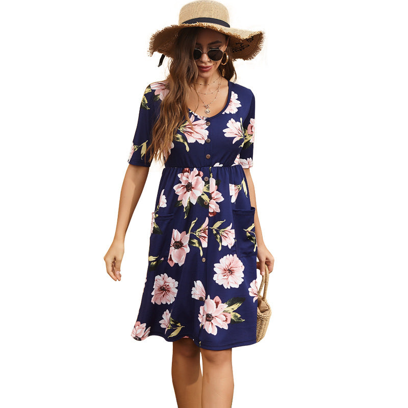 Dame blomsterprint knap-down midi kjole Stilla