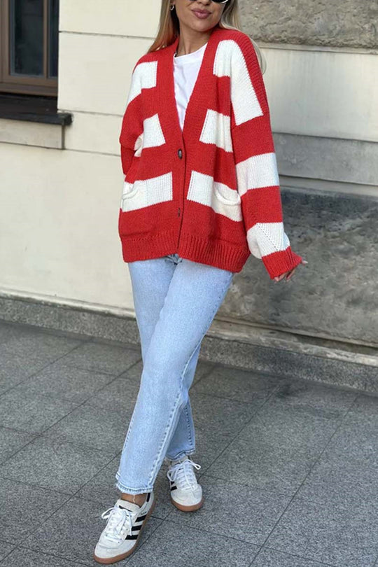 Stilla | Stribet Casual Cardigan Med Lange Ærmer, Lommer Og V-udskæring