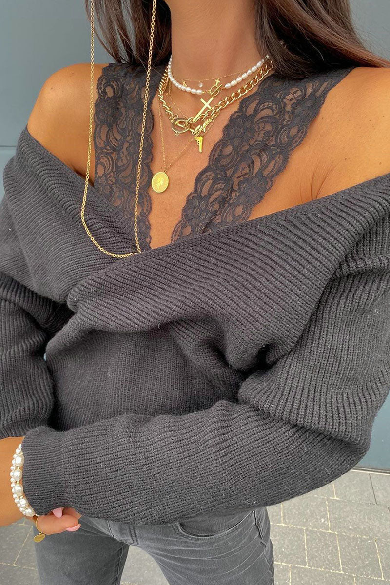 Stilla | Trendy Sexet Pullover, Ensfarvet, Gennembrudt, Patchwork, V-udskæring