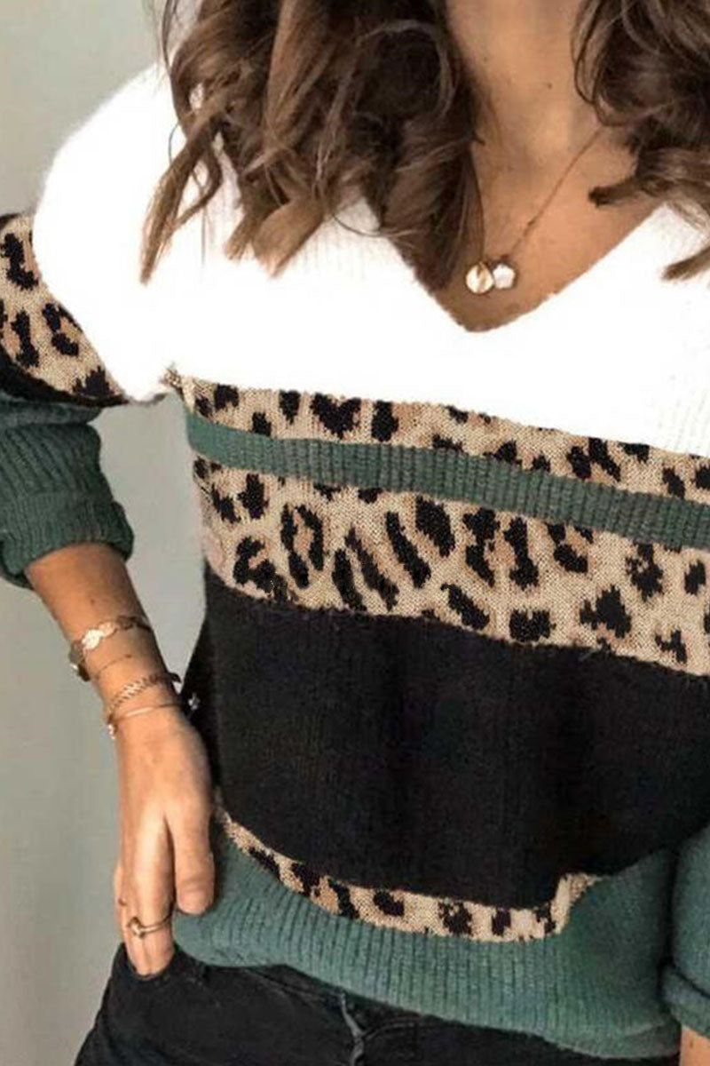 Stilla | Modebevidst Patchwork Leopard V-udskæring Pullover