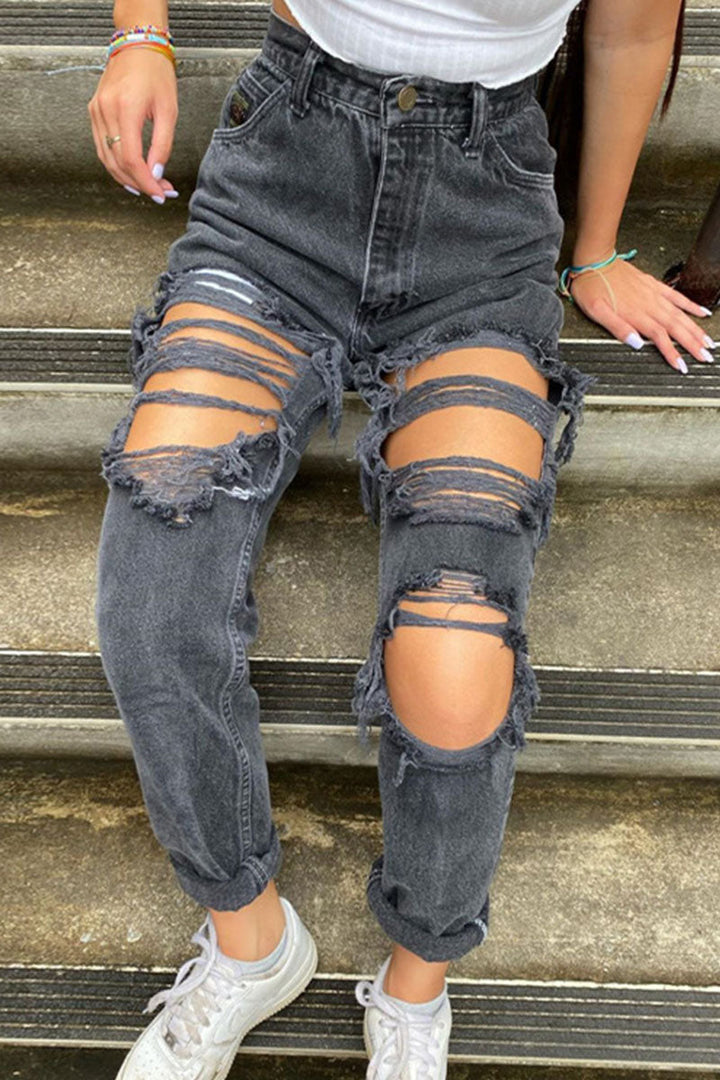Stilla | Mode Sexet Solid Rivet Mid Talje Lige Denim