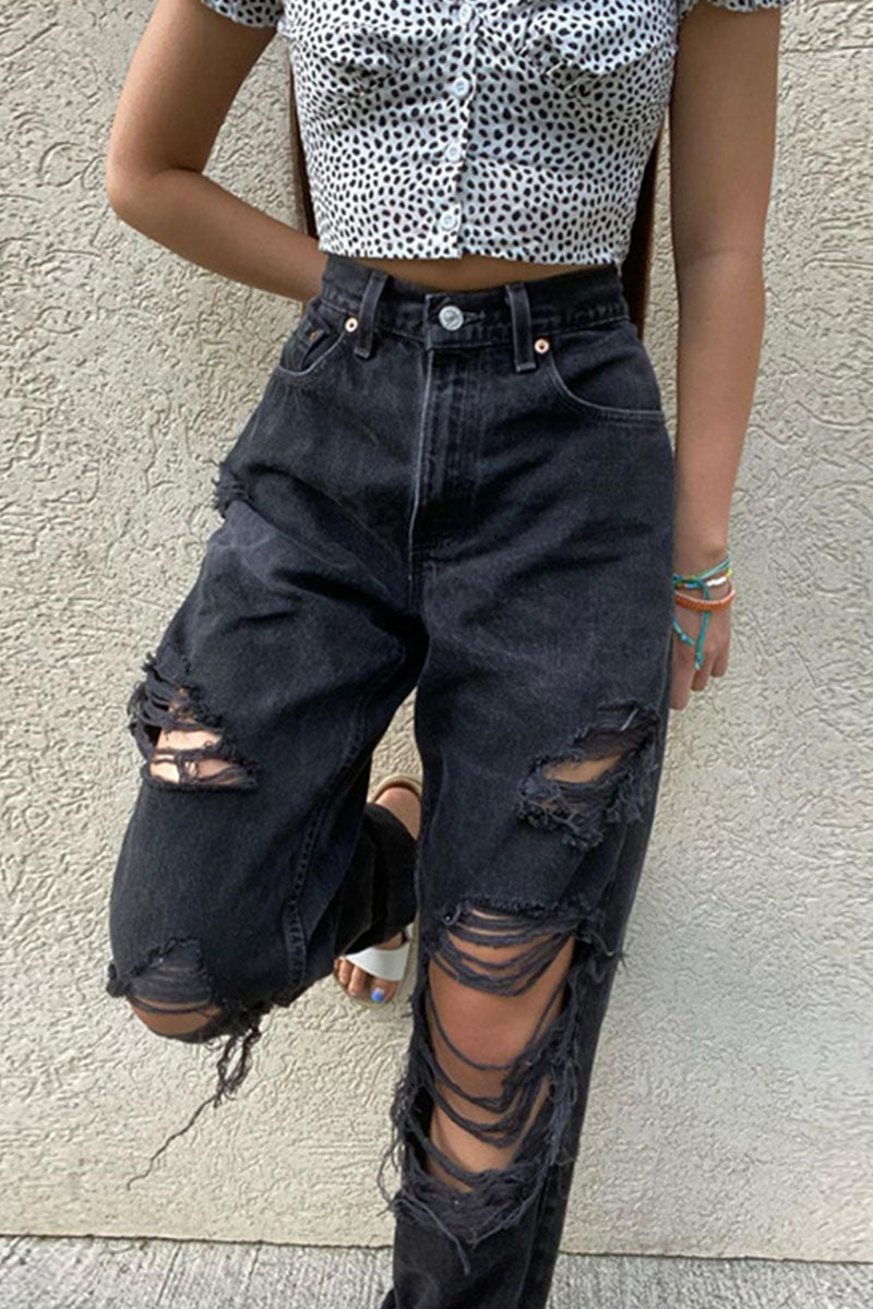Stilla | Mode Sexet Solid Rivet Mid Talje Lige Denim