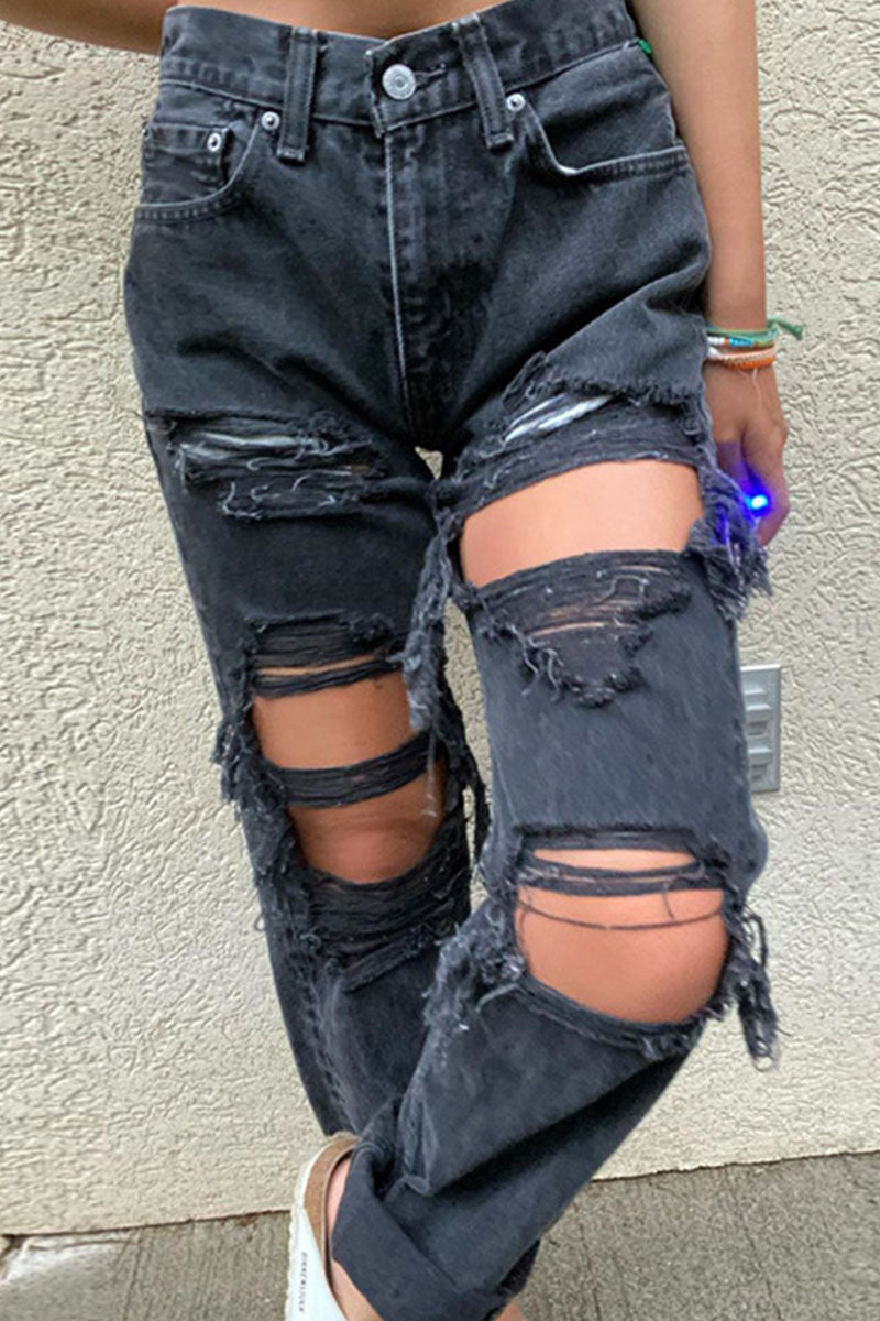 Stilla | Mode Sexet Solid Rivet Mid Talje Lige Denim
