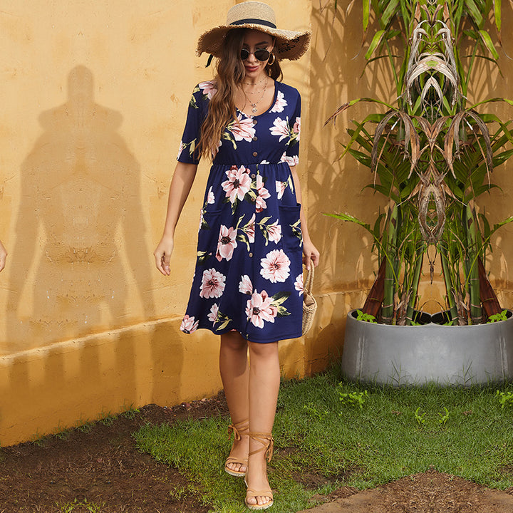 Dame blomsterprint knap-down midi kjole Stilla