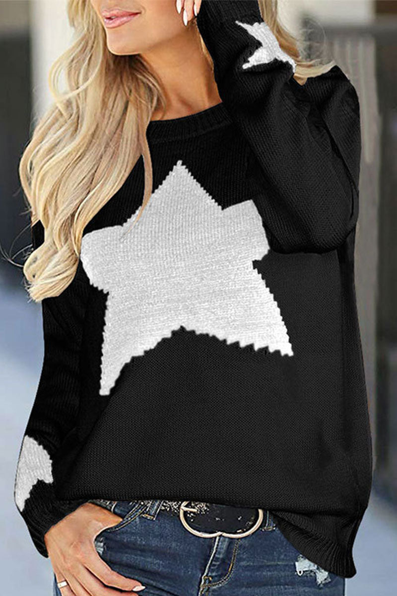 Stilla | Casual Trykt Patchwork Pullover Med Rund Halsudskæring og Mellemhøj Talje