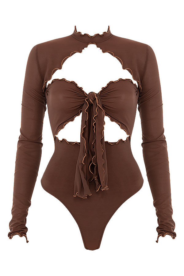 Stilla | Brun Power Mesh Bodysuit Med Bindebånd Foran