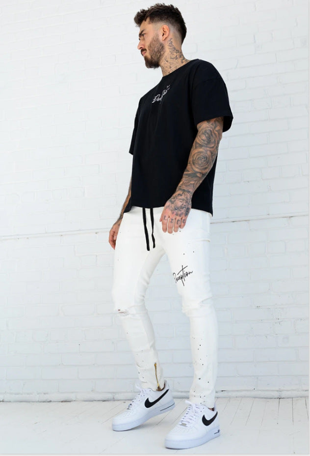 Herrer Ripped Jeans med modiske applikationer og sidelæns lynlåse Stilla