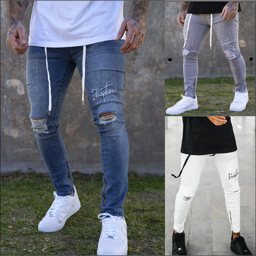 Herrer Ripped Jeans med modiske applikationer og sidelæns lynlåse Stilla