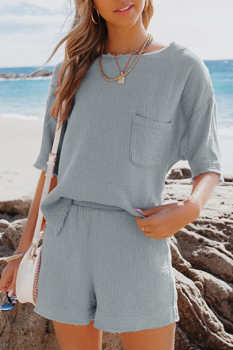 Stilla | Mode Afslappet Solid Patchwork O Hals Kort Ærme to Stykker