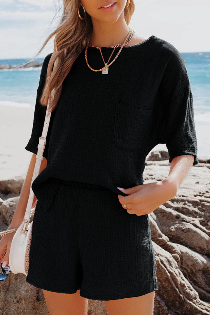 Stilla | Mode Afslappet Solid Patchwork O Hals Kort Ærme to Stykker