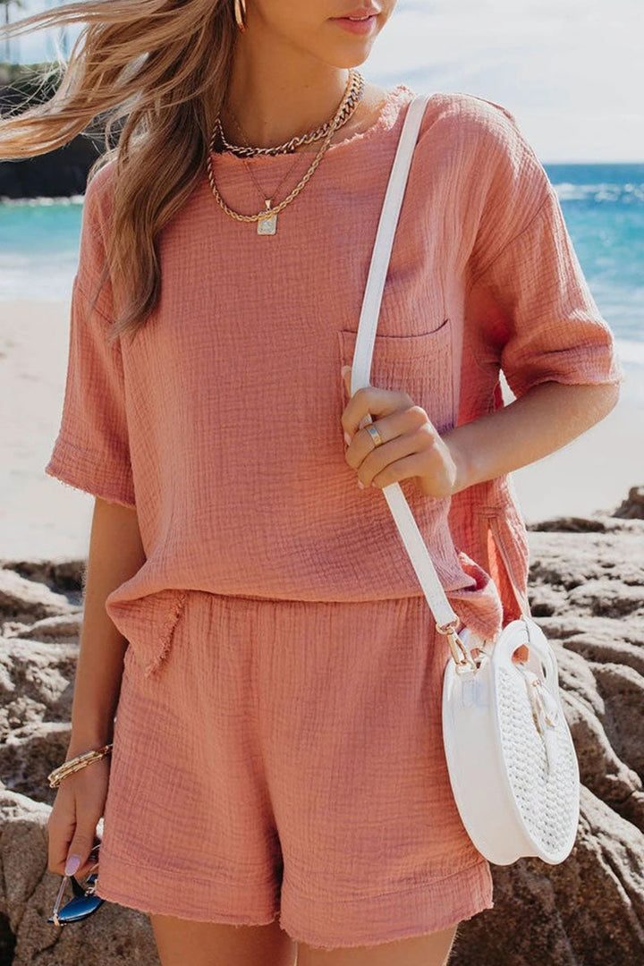 Stilla | Mode Afslappet Solid Patchwork O Hals Kort Ærme to Stykker