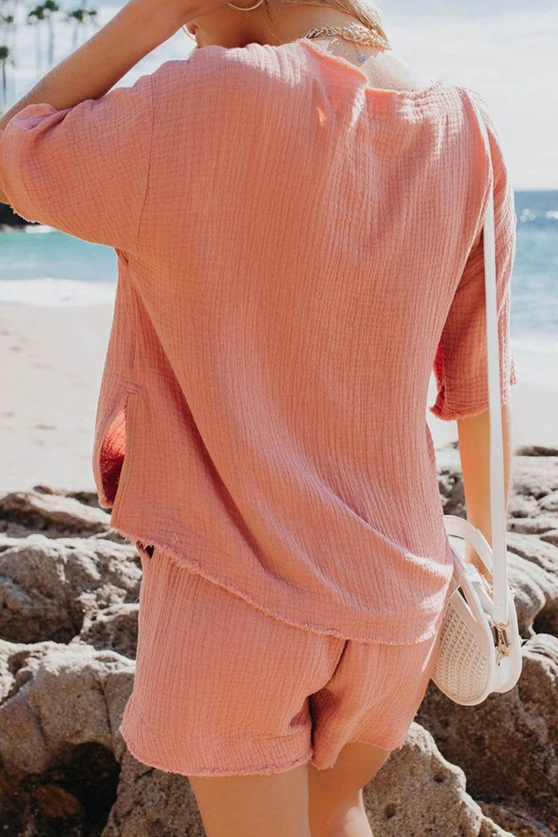 Stilla | Mode Afslappet Solid Patchwork O Hals Kort Ærme to Stykker
