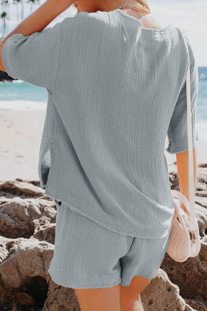 Stilla | Mode Afslappet Solid Patchwork O Hals Kort Ærme to Stykker