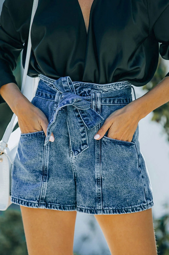 Stilla | Afslappet Solid Pocket Med Bælte Høj Talje Denim Shorts