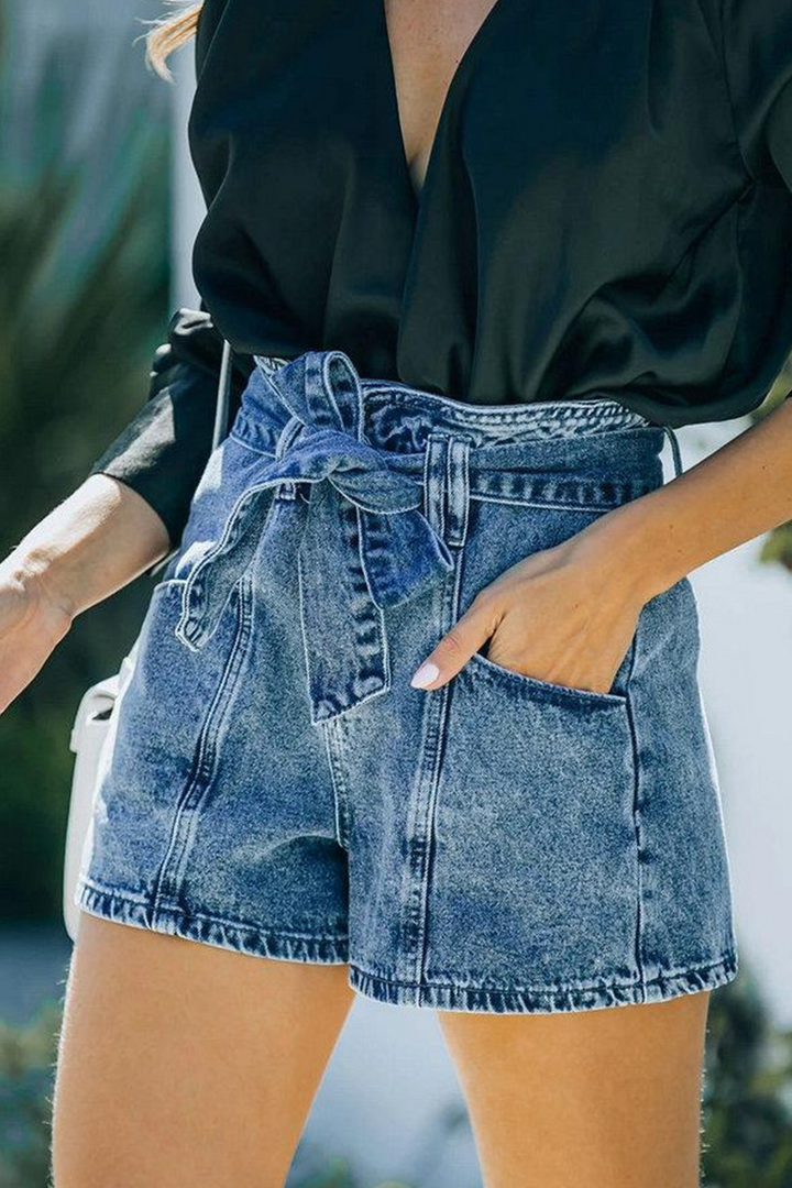 Stilla | Afslappet Solid Pocket Med Bælte Høj Talje Denim Shorts