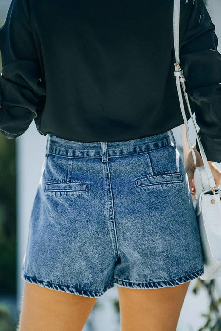 Stilla | Afslappet Solid Pocket Med Bælte Høj Talje Denim Shorts