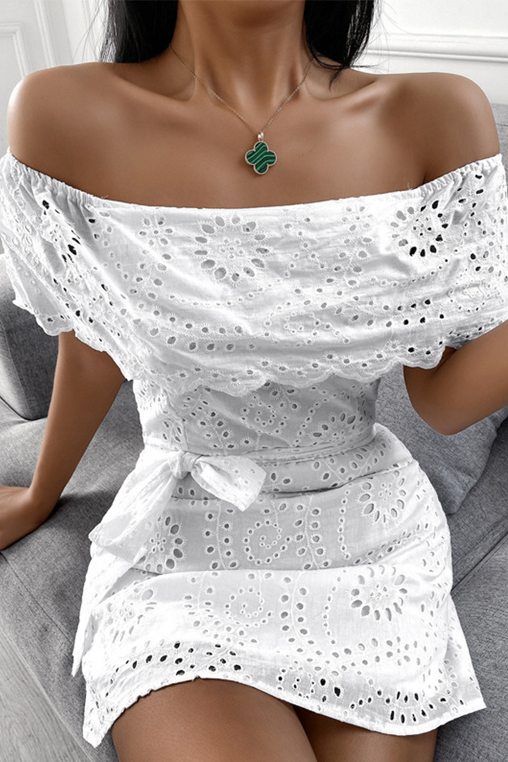 Stilla | Mode Elegant Solid Broderet Udhulning Strop Design Off the Shoulder Talje Nederdel Kjoler