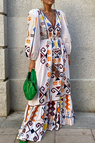 Stilla | Mode Elegant Print Træk Snor Frenulum V-hals A-linje Kjoler