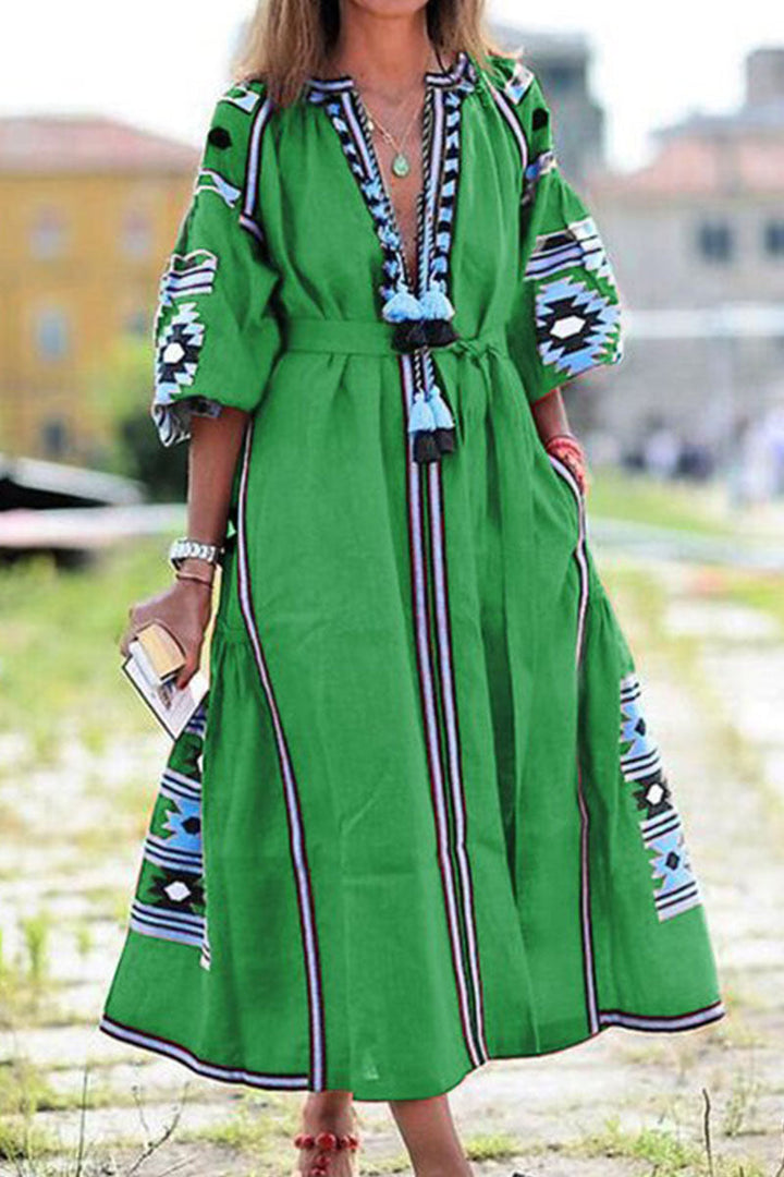 Stilla | Mode Afslappet Print Patchwork V-hals A-linje Kjoler