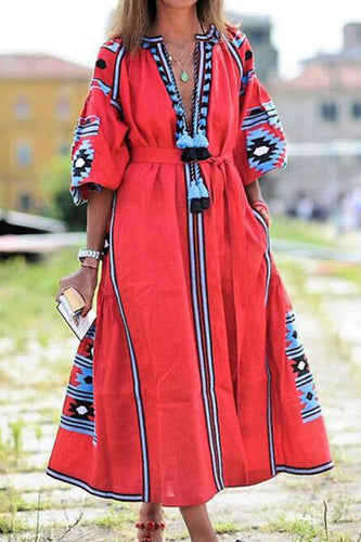 Stilla | Mode Afslappet Print Patchwork V-hals A-linje Kjoler