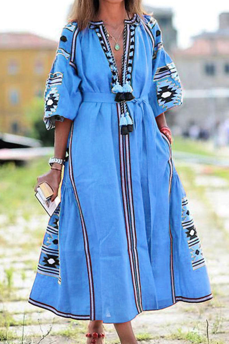 Stilla | Mode Afslappet Print Patchwork V-hals A-linje Kjoler