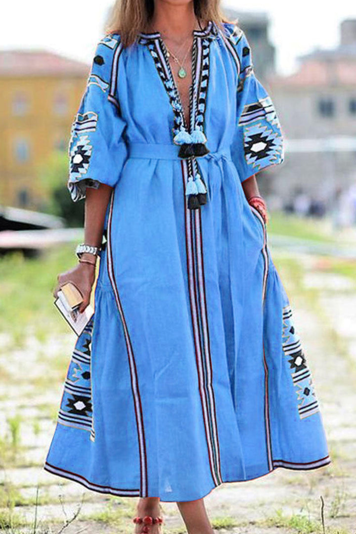 Stilla | Mode Afslappet Print Patchwork V-hals A-linje Kjoler