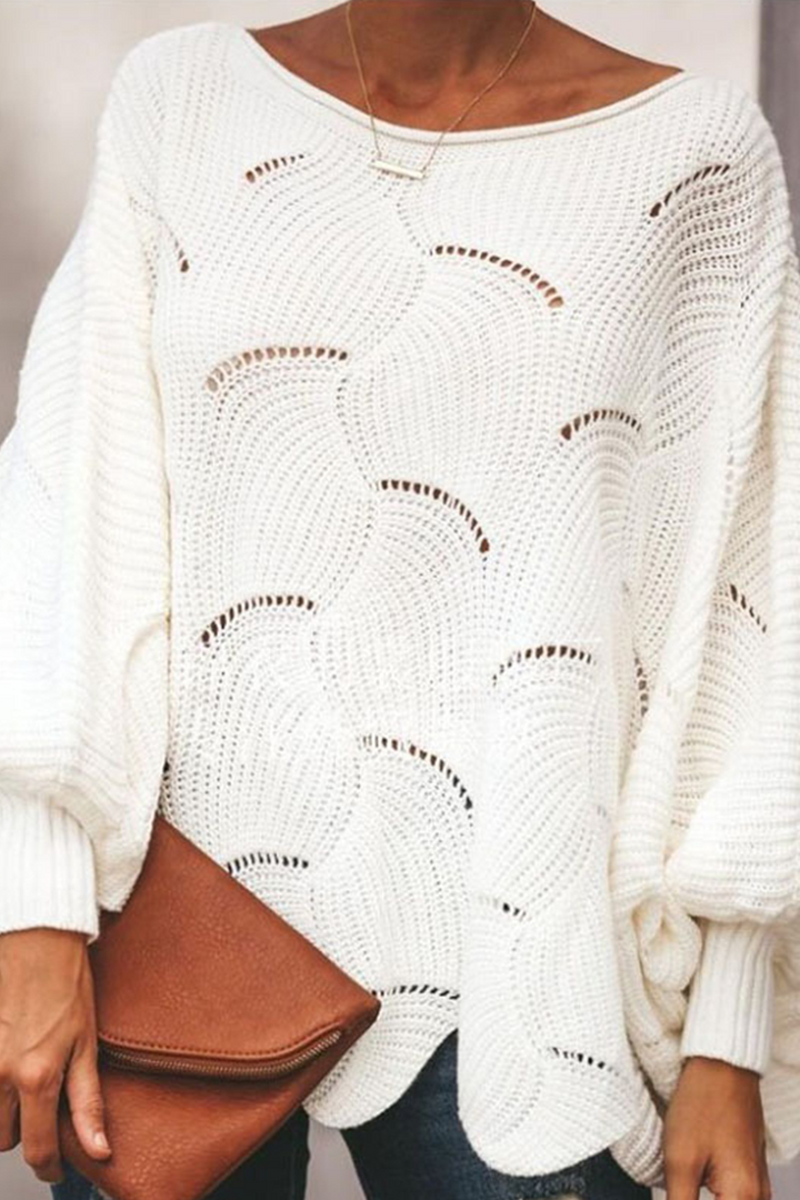 Stilla | Pullover Patchwork Med Rundhalsudskæring, Elegant Og Moden, Ensfarvet Med Hulmønster