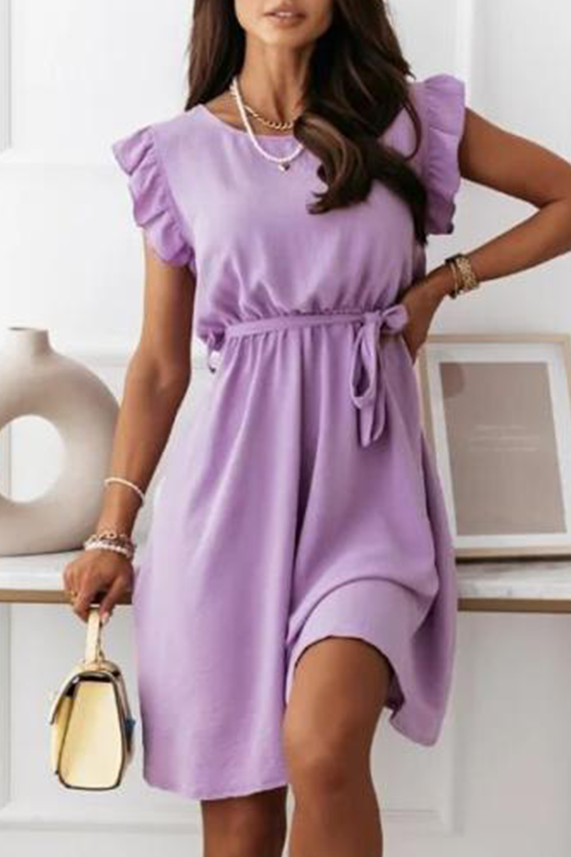 Stilla | Mode Elegant Solid Flounce Med Bælte O-hals A-line Kjoler