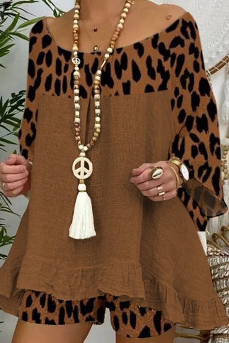 Stilla | Afslappet Street Leopard Patchwork Flounce O Hals Tre Kvart to Delene