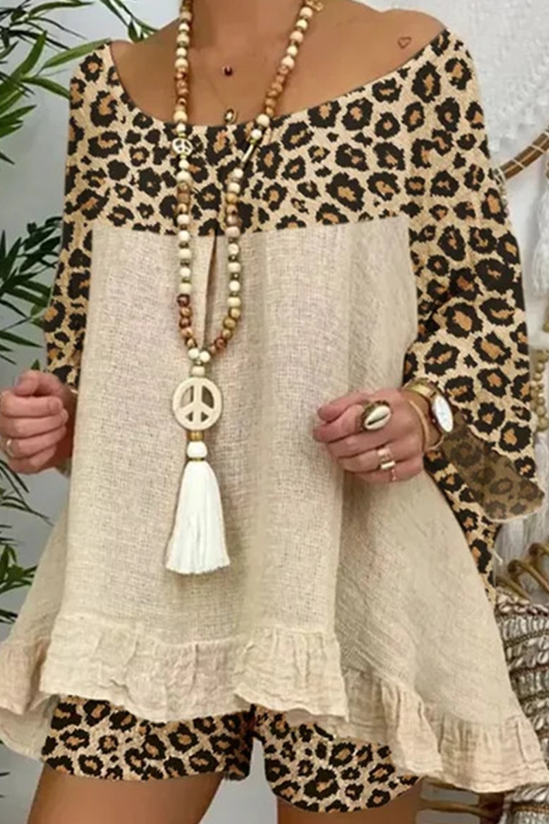 Stilla | Afslappet Street Leopard Patchwork Flounce O Hals Tre Kvart to Delene
