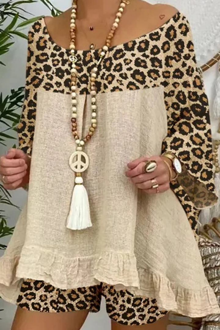Stilla | Afslappet Street Leopard Patchwork Flounce O Hals Tre Kvart to Delene