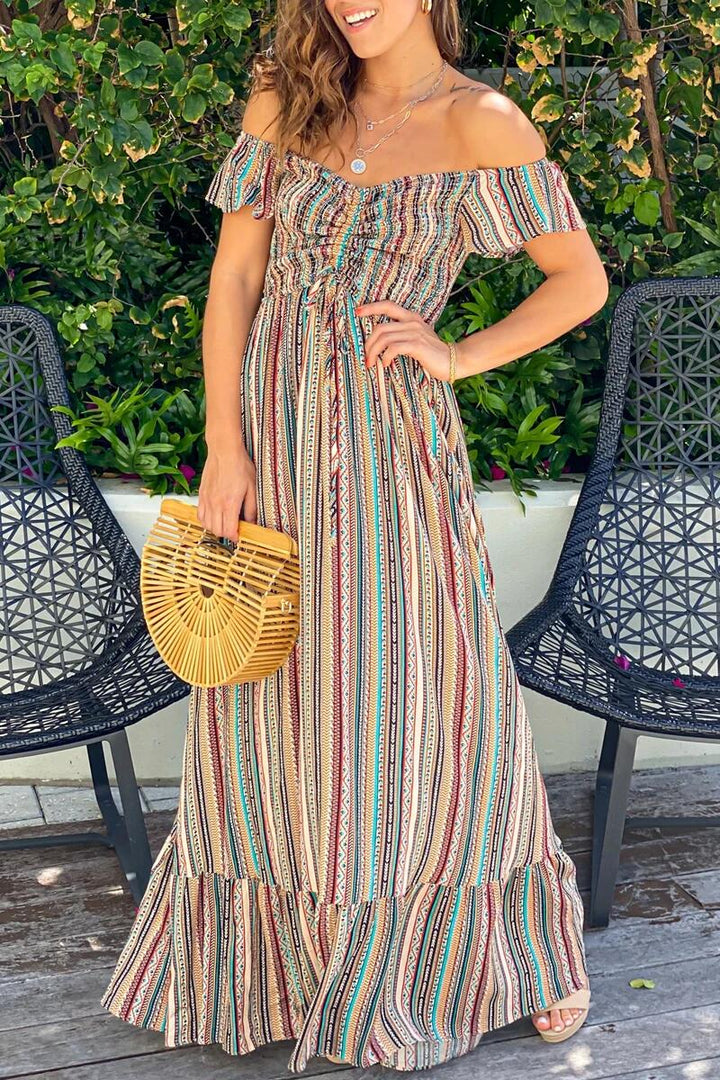 Stilla | Bohemian Stribet Split Joint Flounce Off the Shoulder A-linje Kjoler