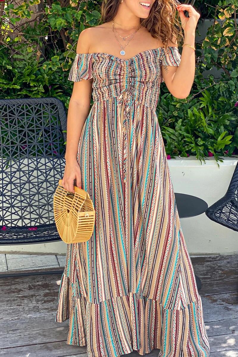 Stilla | Bohemian Stribet Split Joint Flounce Off the Shoulder A-linje Kjoler