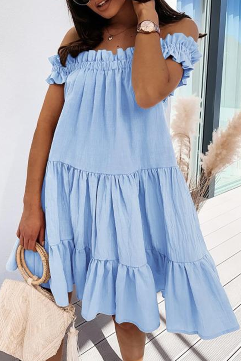 Stilla | Sød Solid Patchwork Flæse Off the Shoulder Kage Nederdel Kjoler