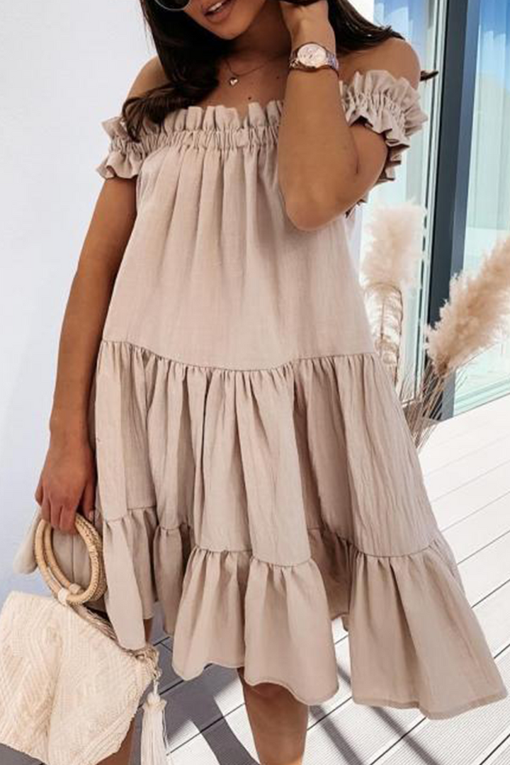 Stilla | Sød Solid Patchwork Flæse Off the Shoulder Kage Nederdel Kjoler
