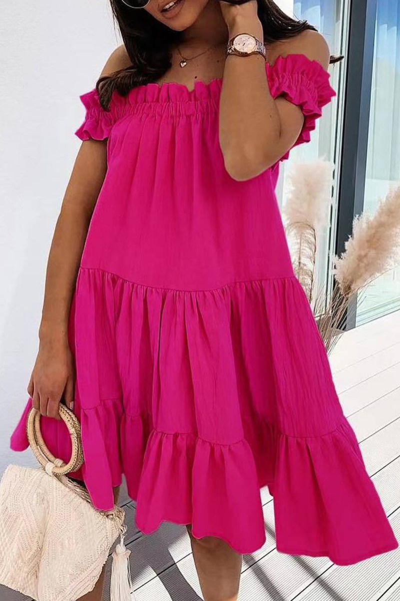 Stilla | Sød Solid Patchwork Flæse Off the Shoulder Kage Nederdel Kjoler