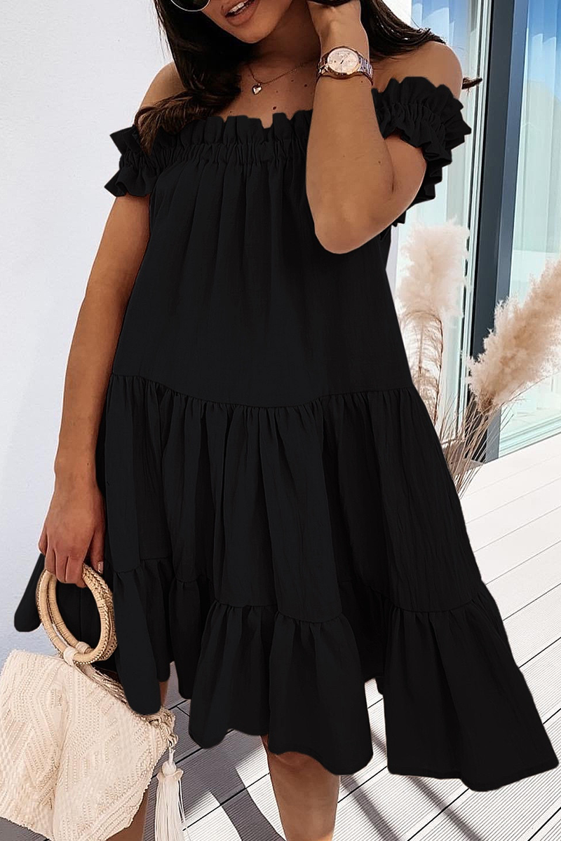 Stilla | Sød Solid Patchwork Flæse Off the Shoulder Kage Nederdel Kjoler