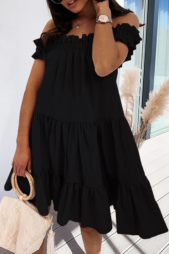 Stilla | Sød Solid Patchwork Flæse Off the Shoulder Kage Nederdel Kjoler