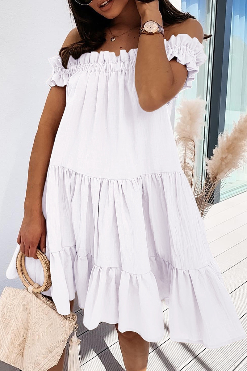 Stilla | Sød Solid Patchwork Flæse Off the Shoulder Kage Nederdel Kjoler