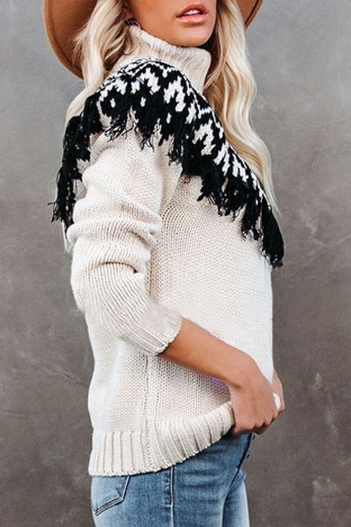Stilla | Fashionable Turtleneck Sweater With Street Print And Tassels