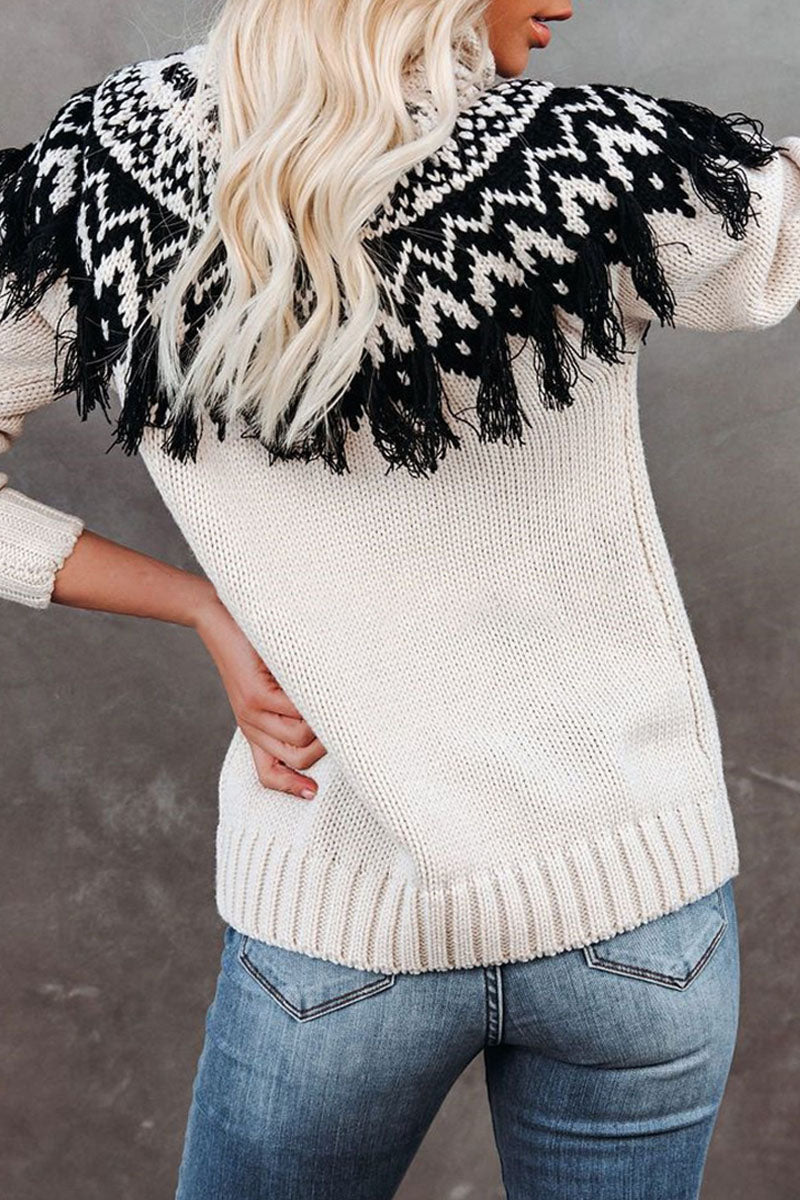 Stilla | Fashionable Turtleneck Sweater With Street Print And Tassels