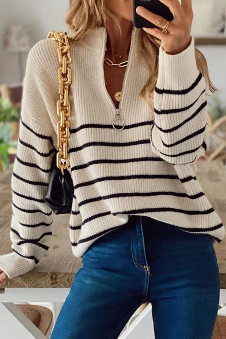 Stilla | Sexy Stribet Patchwork Pullover Med Lynlås Krave