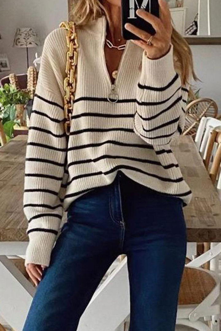 Stilla | Sexy Stribet Patchwork Pullover Med Lynlås Krave