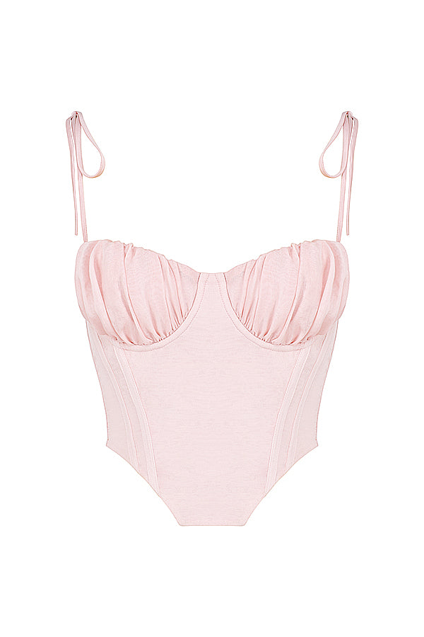 Stilla | Baby Pink Cropped Korset Med Plisseret Chiffon Buste