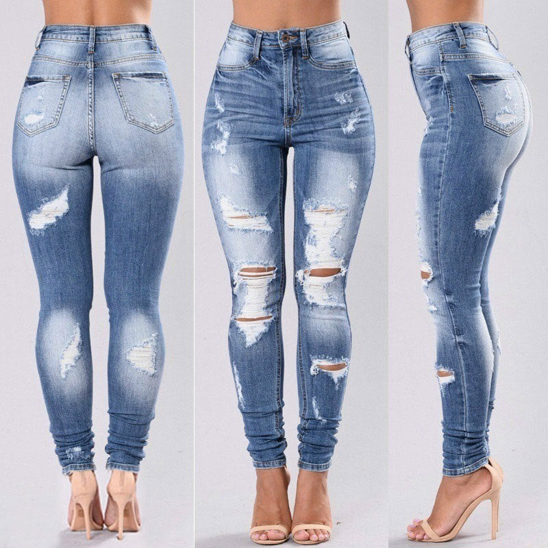 Dame figursyet højtaljede jeans med modiske rivdetaljer og strækkomfort Stilla