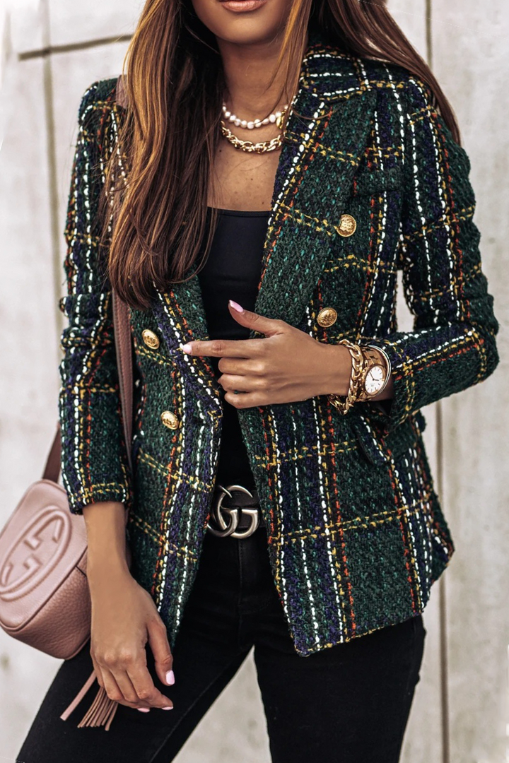 Stilla | Elegant Stripet ogternet Tøj, Patchwork, Boucle, Omslået Krave