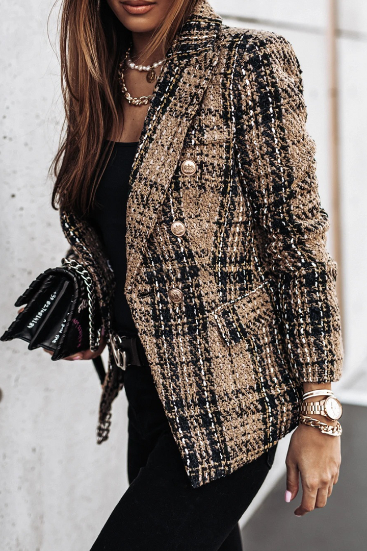 Stilla | Elegant Stripet ogternet Tøj, Patchwork, Boucle, Omslået Krave
